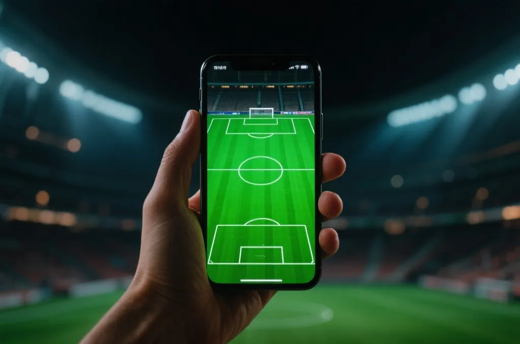 A person's hand holding a mobile phone with a green football stadium field on the screen, vibrant colors, cinematic lighting, editorial style